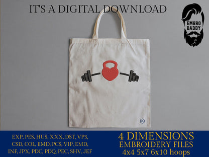 Machine Embroidery files, Barbell, Kettlebell , heart, gym, dst ,PES, xxx, hus & more