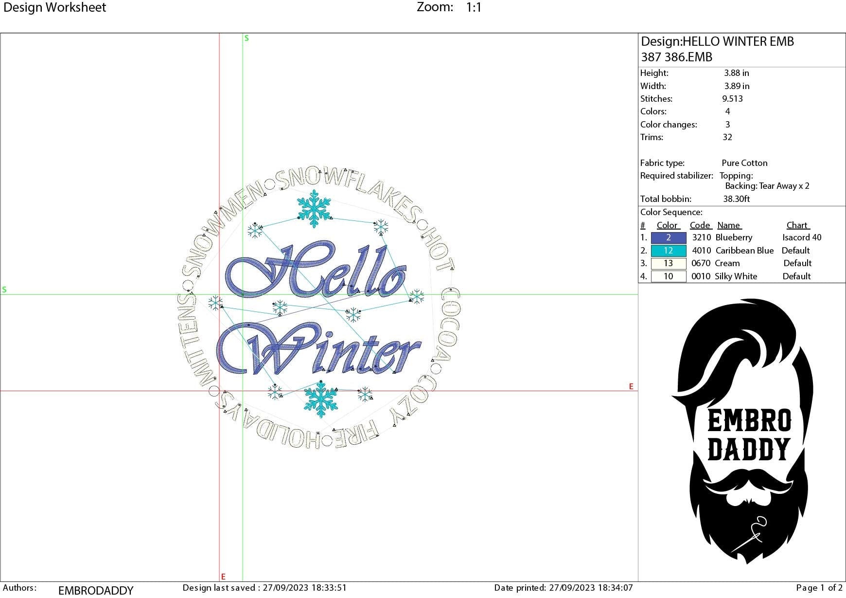 Machine Embroidery files, Hello Winter, PES, DST, xxx, hus and more