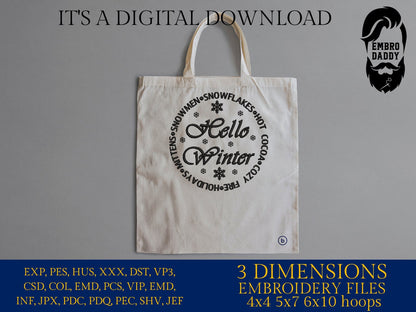 Machine Embroidery files, Hello Winter, PES, DST, xxx, hus and more