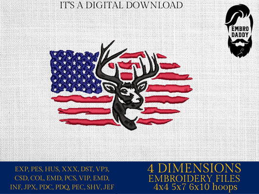 Machine Embroidery files, USA flag buck, deer PES, xxx, hus & more