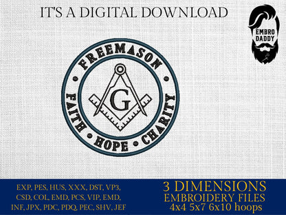 Machine Embroidery files, Freemason, faith, hope, charity PES, DST, xxx, hus & more