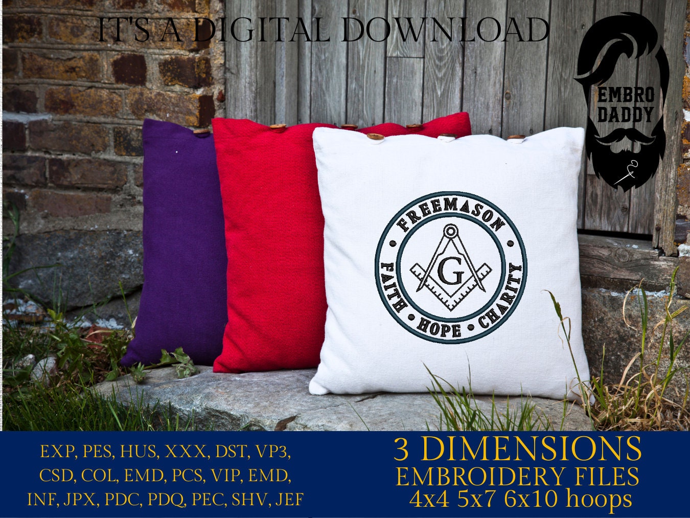 Machine Embroidery files, Freemason, faith, hope, charity PES, DST, xxx, hus & more