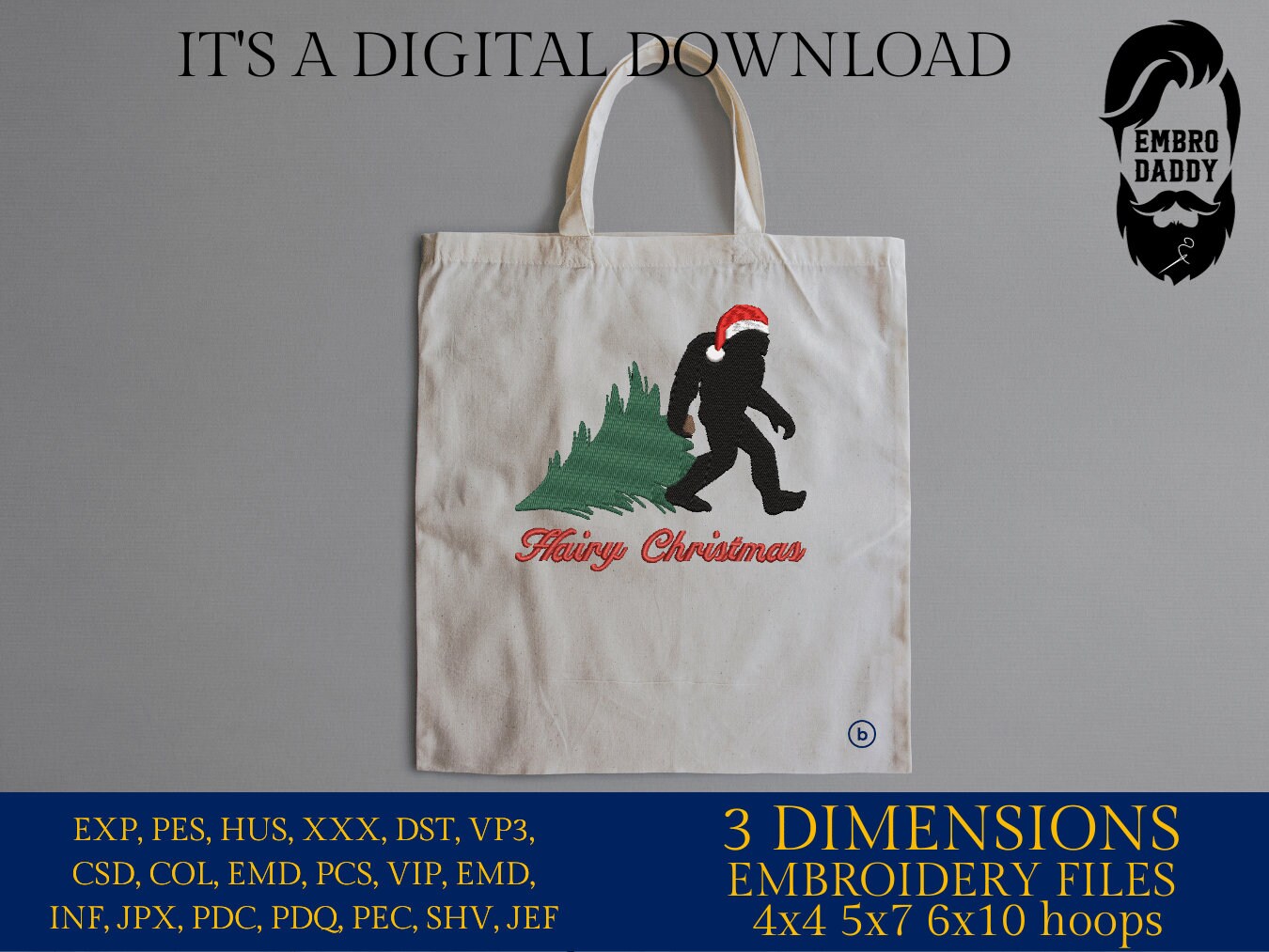 Machine Embroidery files, Hairy Christmas, Bigfoot Santa Claus with Christmas tree, Big Foot, Yeti, Sasquatch PES, xxx, hus & more