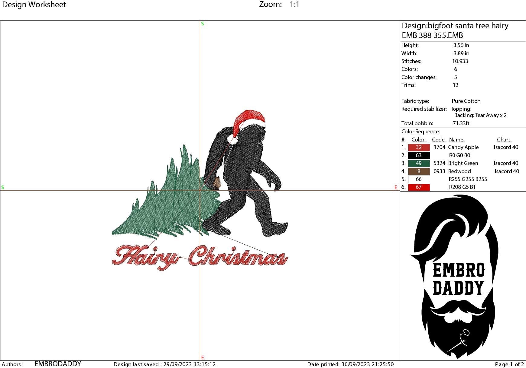 Machine Embroidery files, Hairy Christmas, Bigfoot Santa Claus with Christmas tree, Big Foot, Yeti, Sasquatch PES, xxx, hus & more