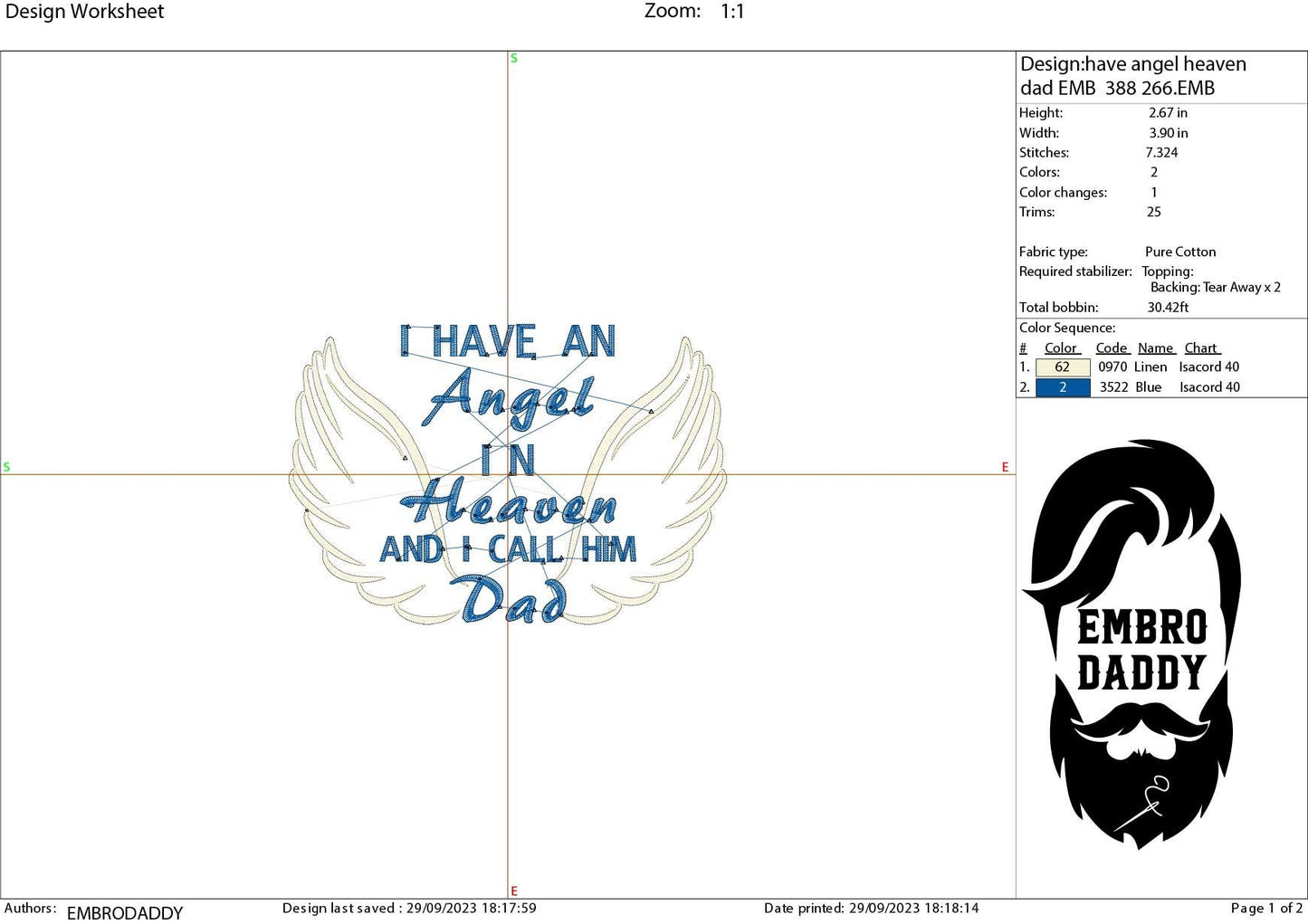 Machine Embroidery files, I have an Angel in Heaven and I call him dad, PES, dst, vip, xxx, hus & more