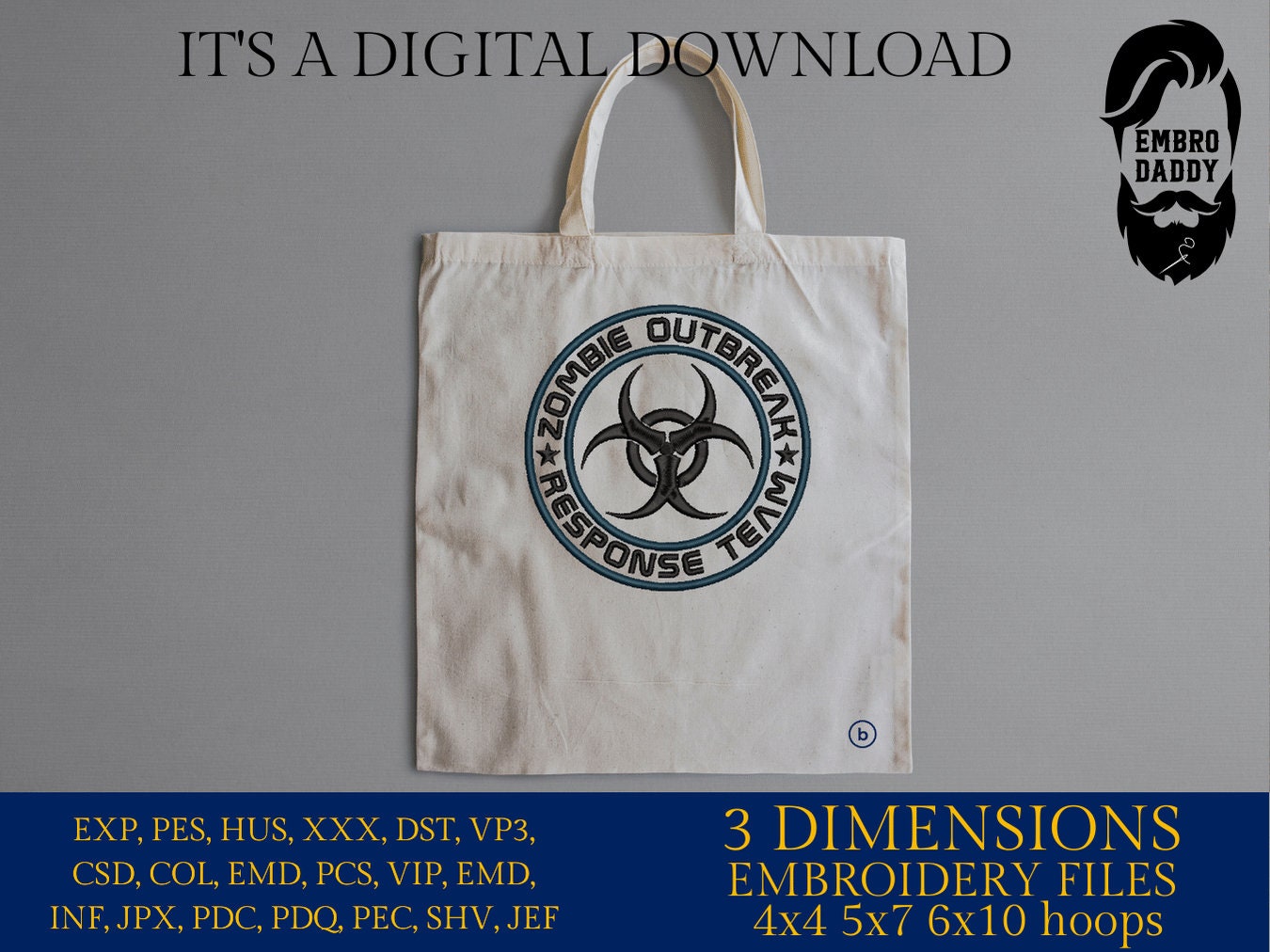 Machine Embroidery files, Zombie outbreak response team, birthday funny embroidery files, gift idea PES, xxx, hus & more