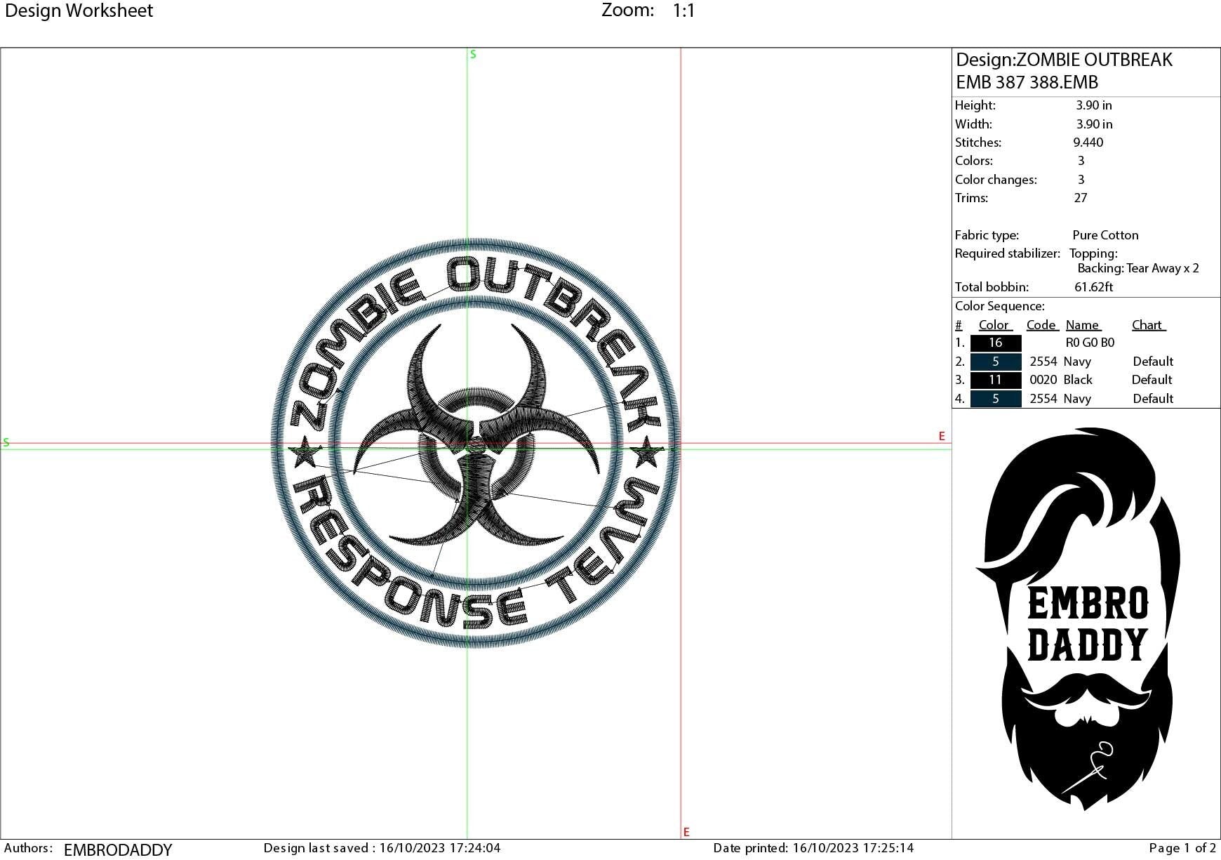 Machine Embroidery files, Zombie outbreak response team, birthday funny embroidery files, gift idea PES, xxx, hus & more