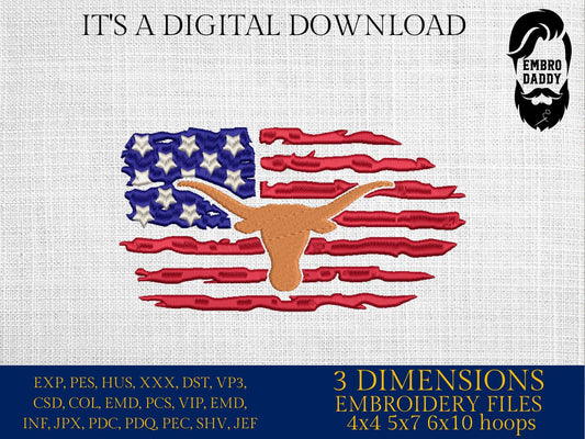 Machine Embroidery files, Longorn, Usa Flag PES, DST, xxx, hus & more