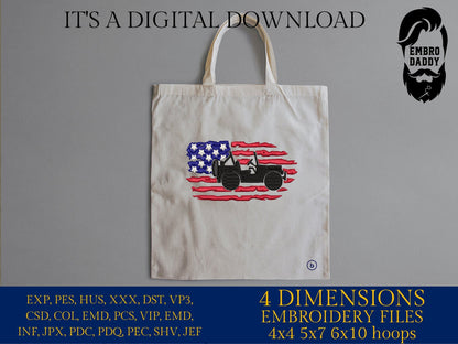 Machine Embroidery files, USA flag, Off road car, PES, xxx, dst, hus & more