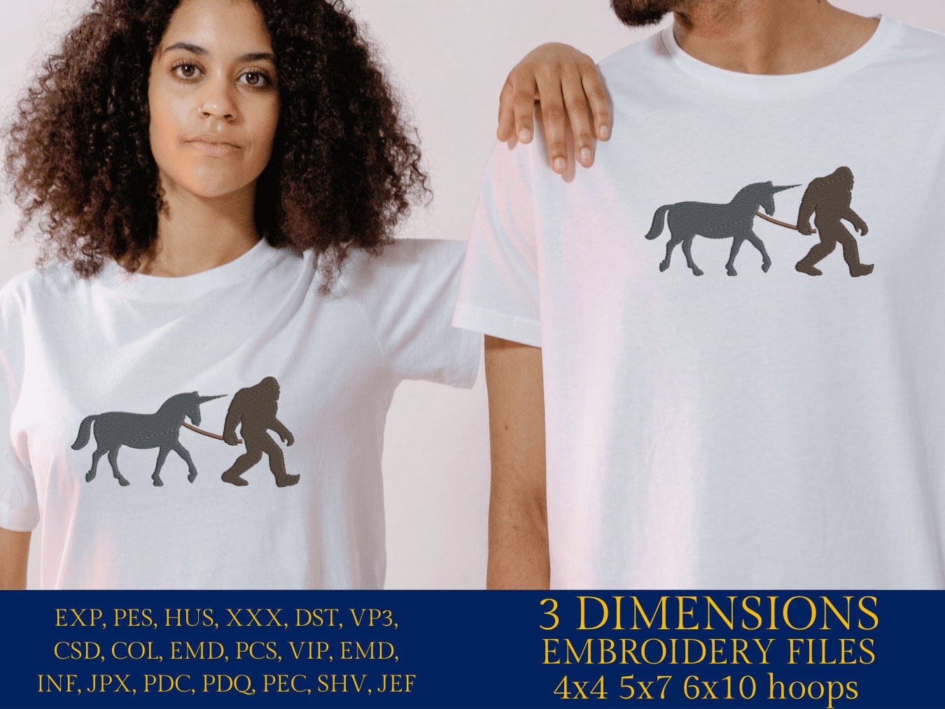 Machine Embroidery files, Bigfoot with Unicorn, Big Foot, Yeti, Sasquatch, Unicorn PES, dst, xxx, hus & more