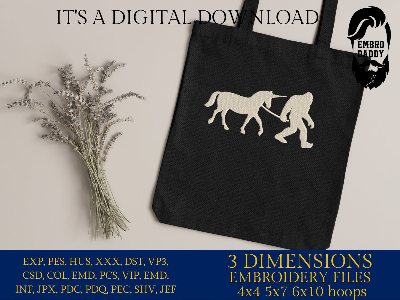 Machine Embroidery files, Bigfoot with Unicorn, Big Foot, Yeti, Sasquatch, Unicorn PES, dst, xxx, hus & more