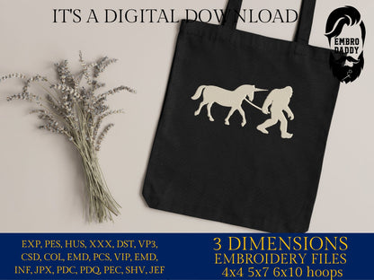 Machine Embroidery files, Bigfoot with Unicorn, Big Foot, Yeti, Sasquatch, Unicorn PES, dst, xxx, hus & more