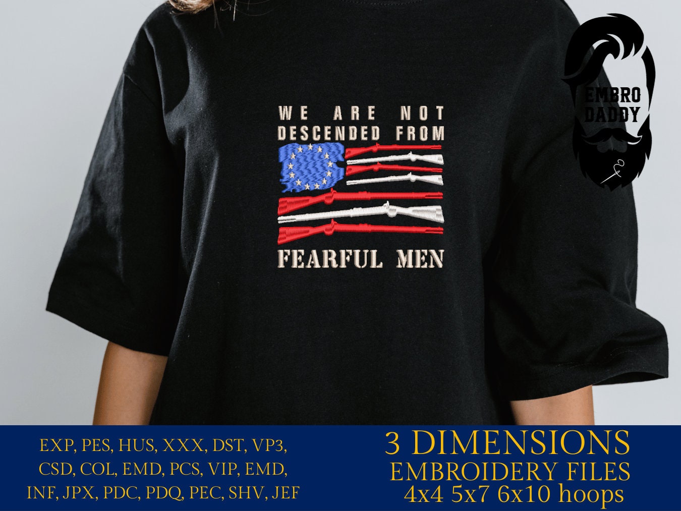 Machine Embroidery files, Betsy Ross Flag, we are not descended from fearful men, dst, PES, xxx, hus & more