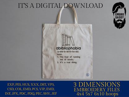 Machine Embroidery files, Abibliophobia, running out of books, funny, DST, PES, xxx, hus & more