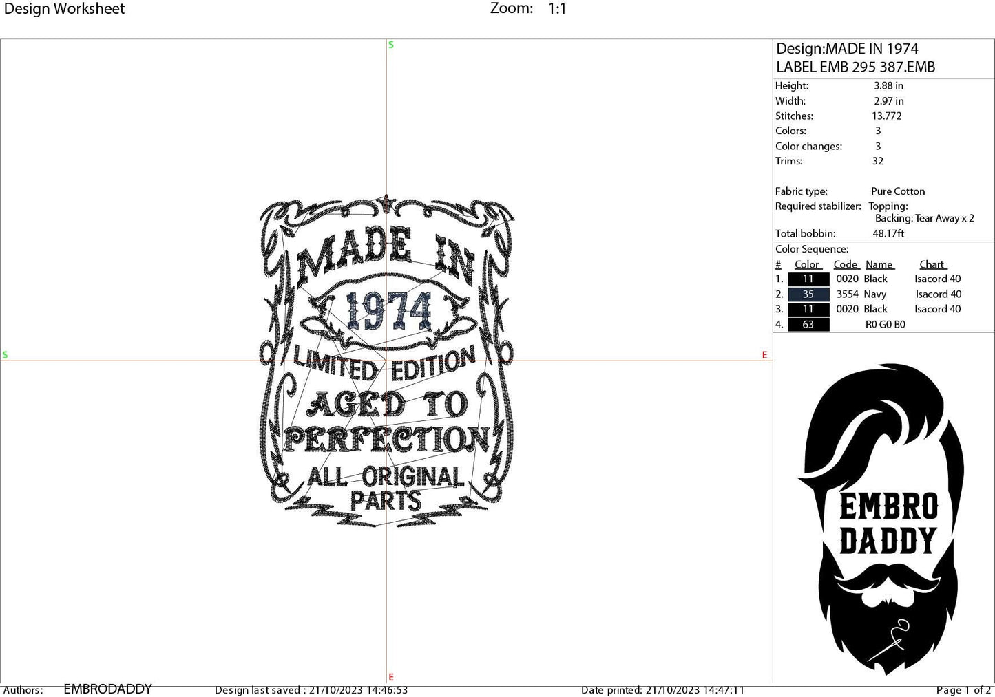 Machine Embroidery files, made in 1974 aged to perfection pes, birthday funny embroidery files, gift idea PES, DST, xxx, hus & more