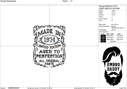 Machine Embroidery files, made in 1974 aged to perfection pes, birthday funny embroidery files, gift idea PES, DST, xxx, hus & more