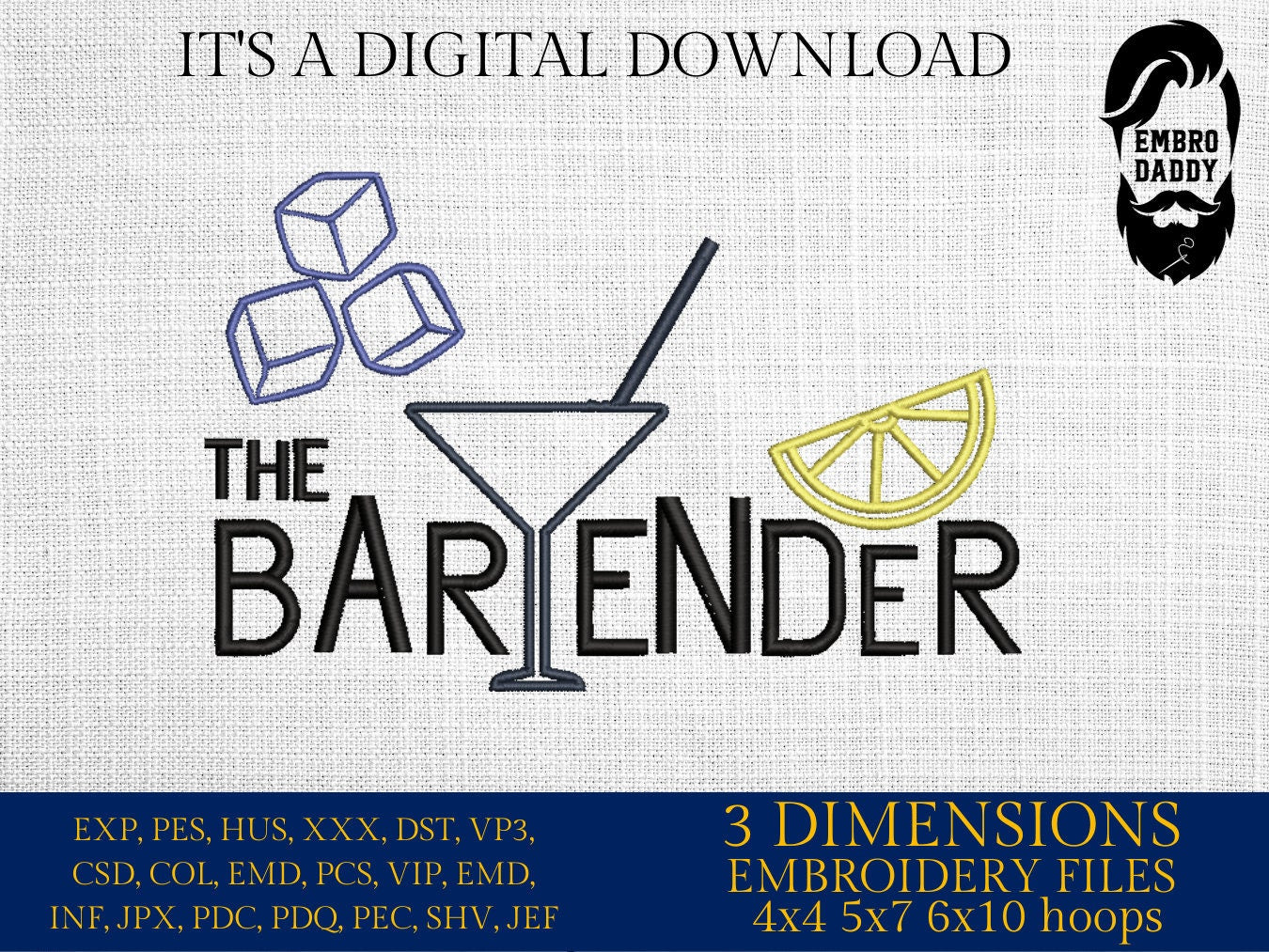 Machine Embroidery files, the bartender, DST, PES, xxx, hus & more