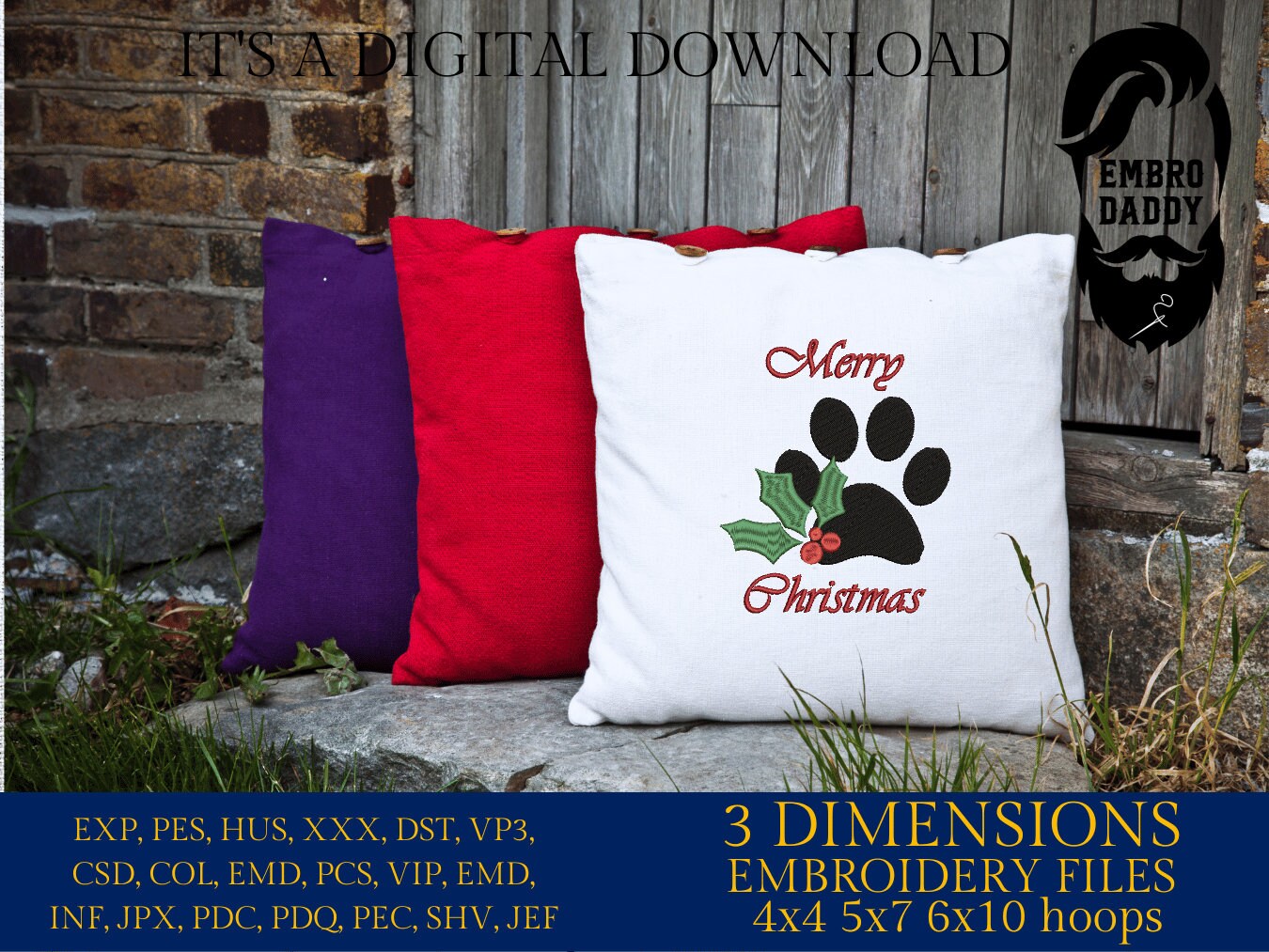 Machine Embroidery files, Merry Christmas Paw Print, PES, DST, xxx, hus and more