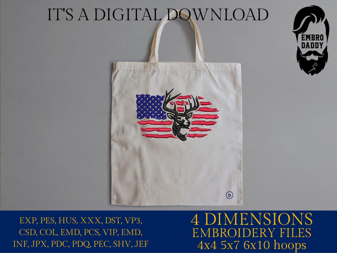 Machine Embroidery files, USA flag buck, deer PES, xxx, hus & more