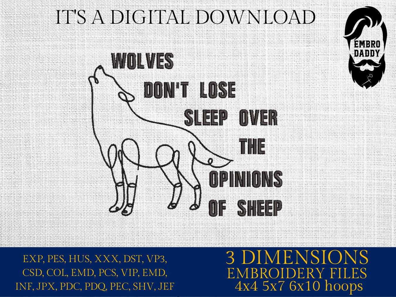 Machine Embroidery files, wolfs don't lose sleep, PES, xxx hus & more