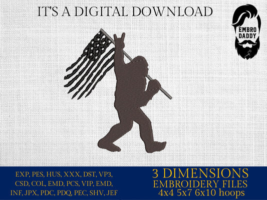 Machine Embroidery files, USA flag Bigfoot, Big Foot, Yeti, Sasquatch, PES, dst, xxx, hus & more