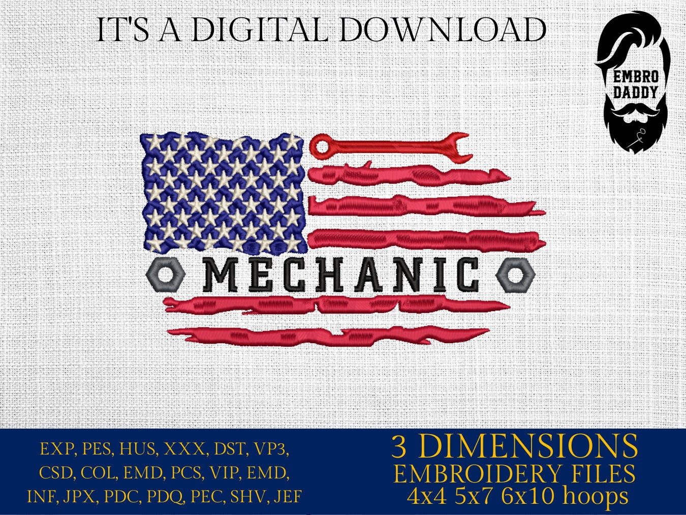 Machine Embroidery files, USA flag Mechanic, PES, DST, xxx, hus & more