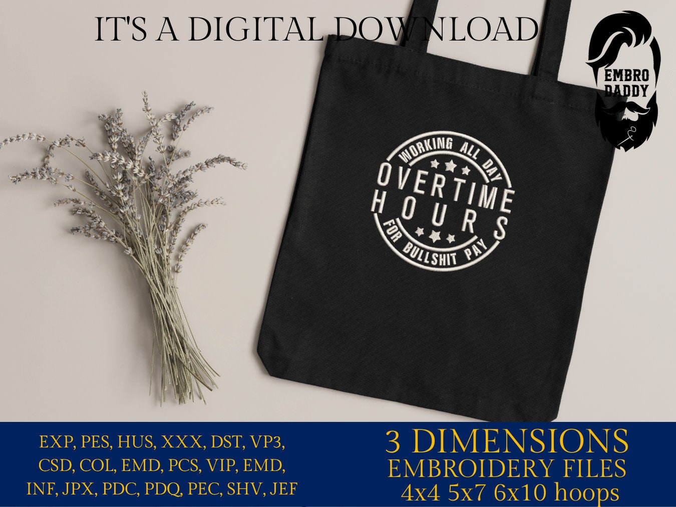 Machine Embroidery files, Working all day, dst PES, xxx, hus & more