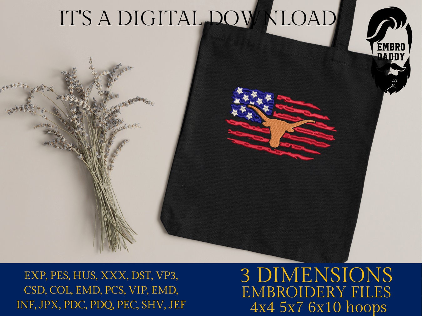 Machine Embroidery files, Longorn, Usa Flag PES, DST, xxx, hus & more