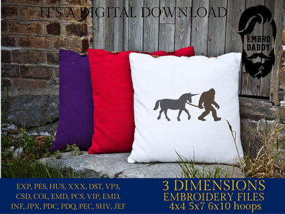 Machine Embroidery files, Bigfoot with Unicorn, Big Foot, Yeti, Sasquatch, Unicorn PES, dst, xxx, hus & more