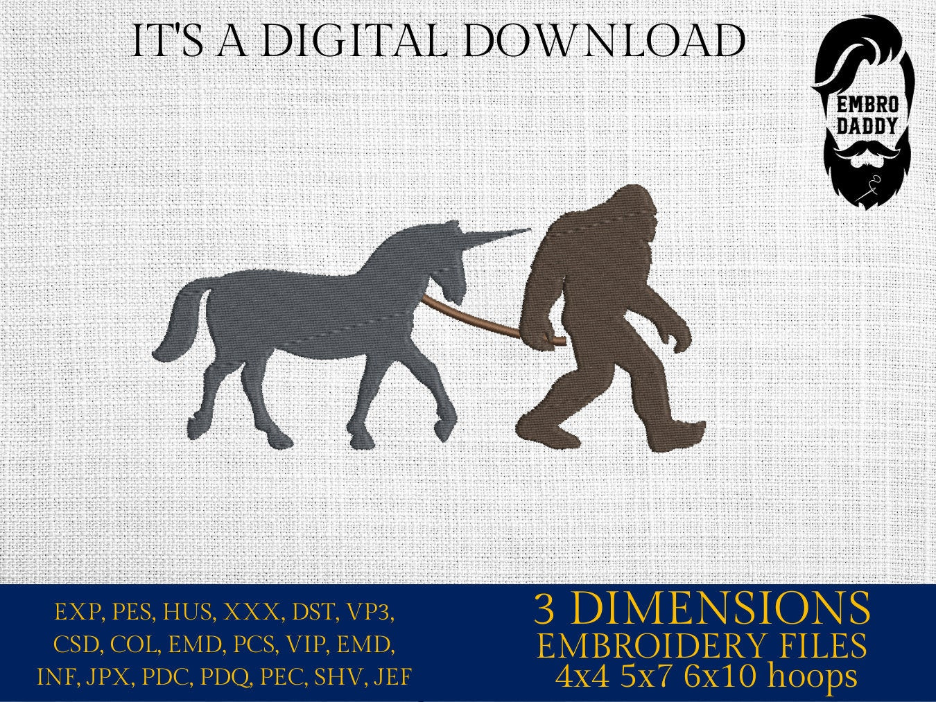 Machine Embroidery files, Bigfoot with Unicorn, Big Foot, Yeti, Sasquatch, Unicorn PES, dst, xxx, hus & more