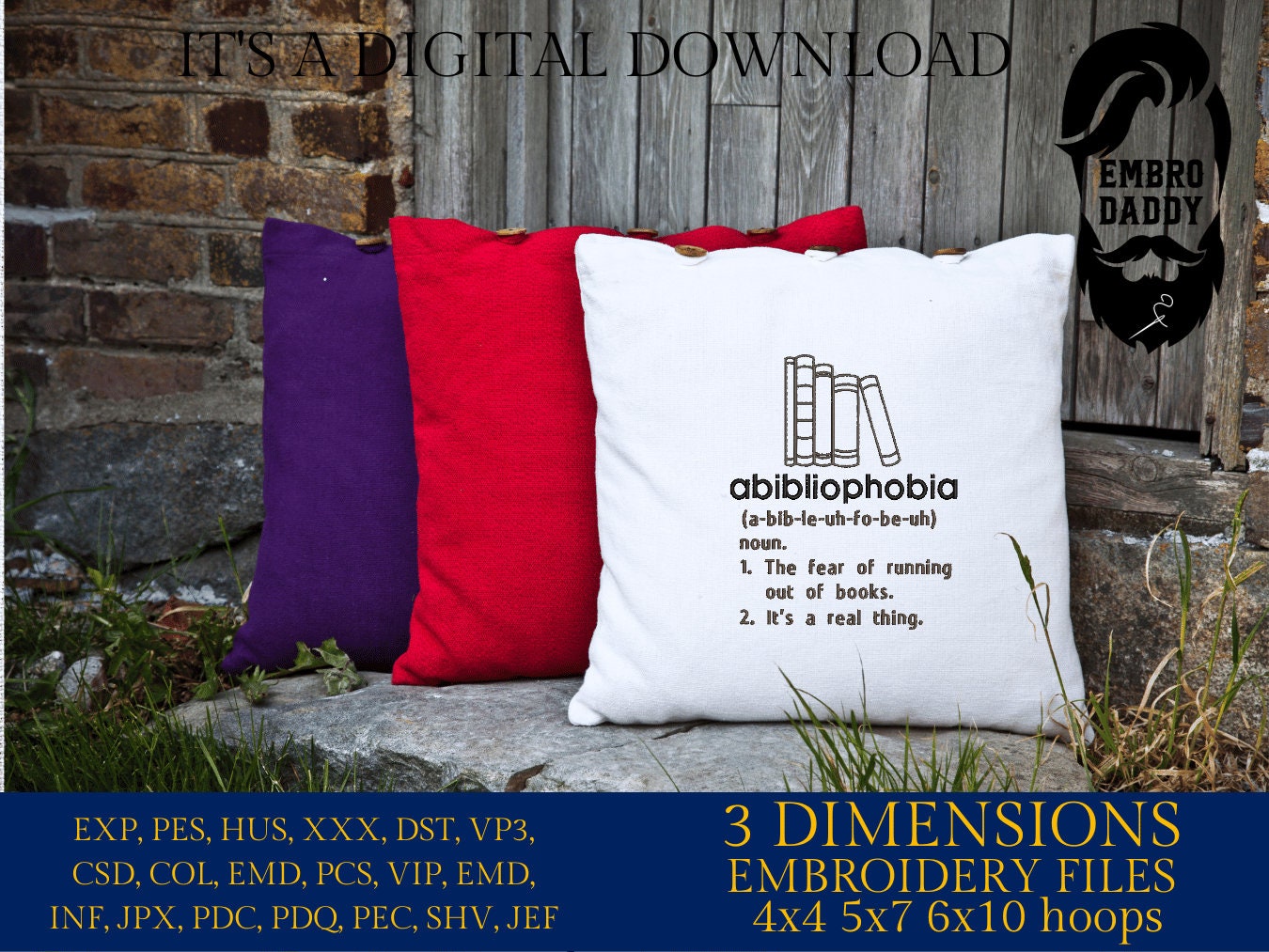 Machine Embroidery files, Abibliophobia, running out of books, funny, DST, PES, xxx, hus & more