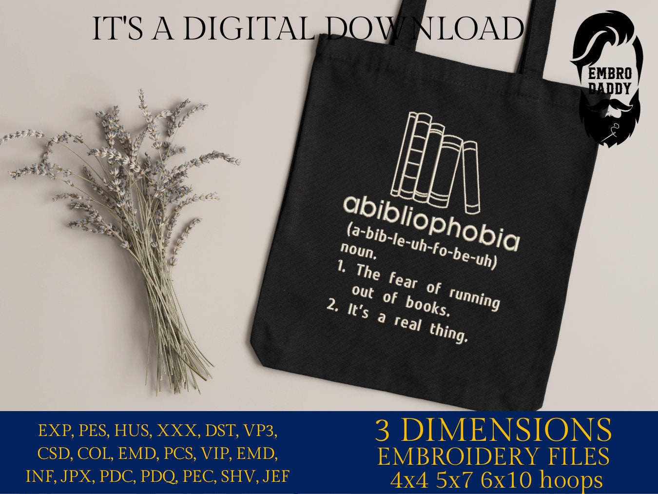 Machine Embroidery files, Abibliophobia, running out of books, funny, DST, PES, xxx, hus & more