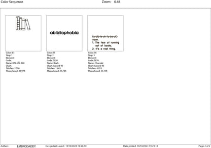 Machine Embroidery files, Abibliophobia, running out of books, funny, DST, PES, xxx, hus & more