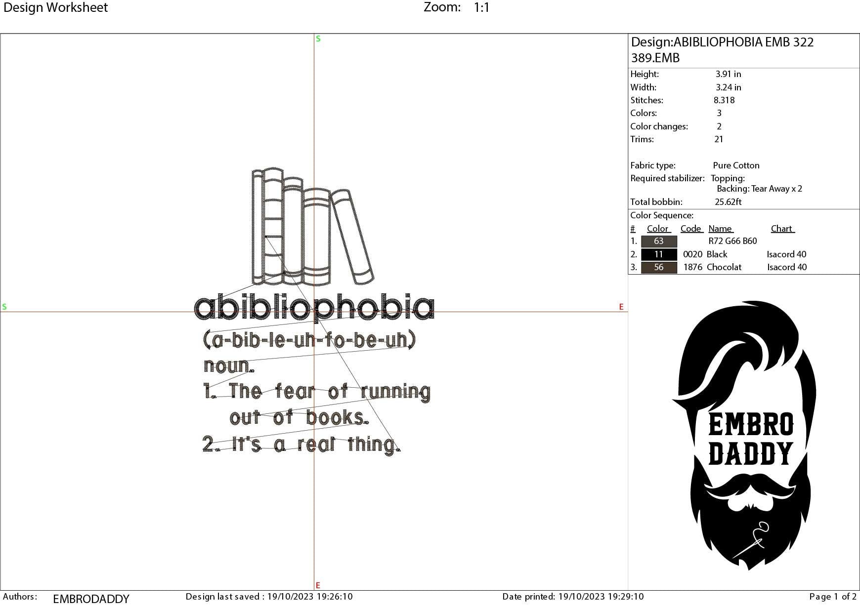 Machine Embroidery files, Abibliophobia, running out of books, funny, DST, PES, xxx, hus & more