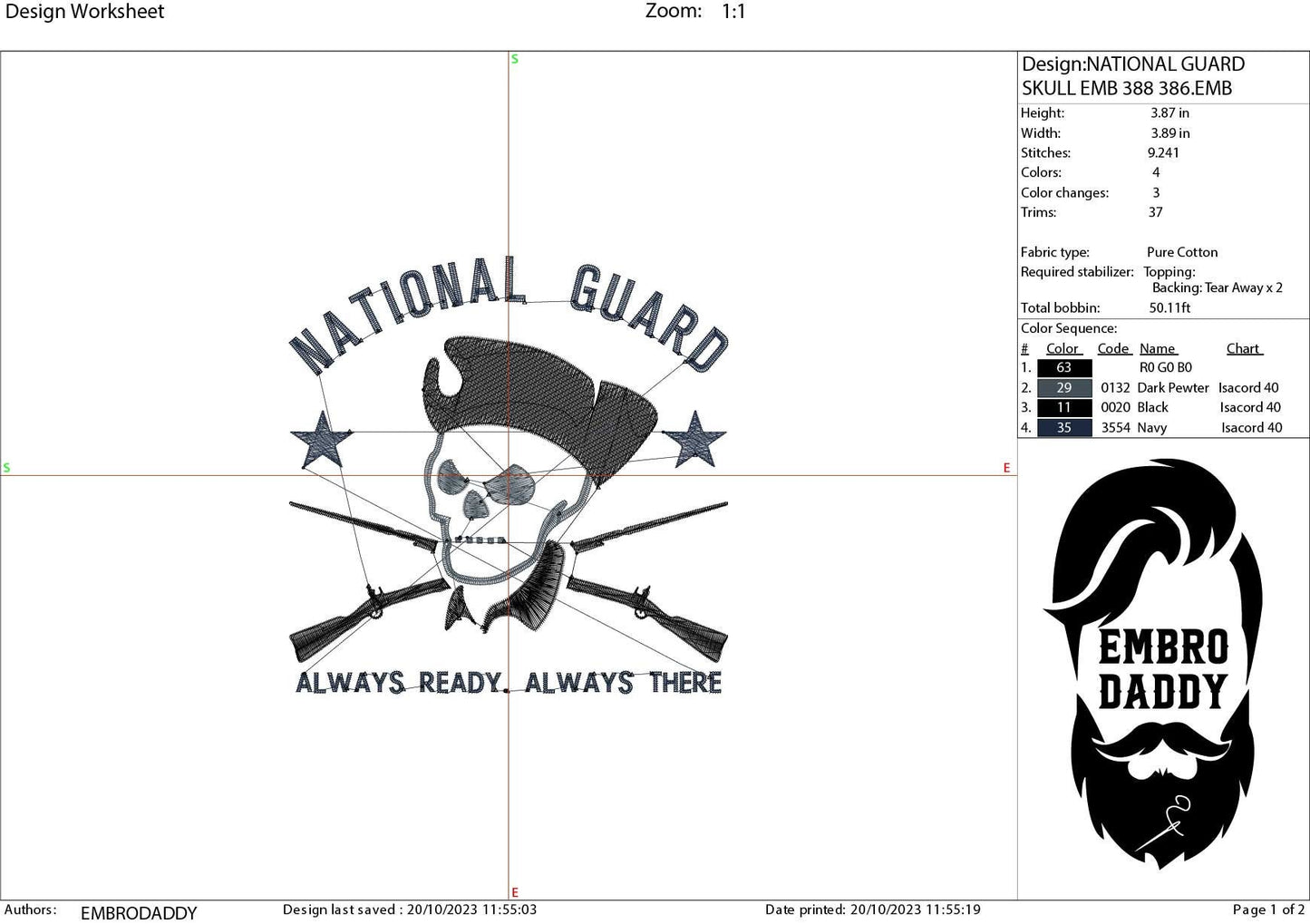 Machine Embroidery files, National Guard, always ready, always there, DST, PES, xxx hus & more,