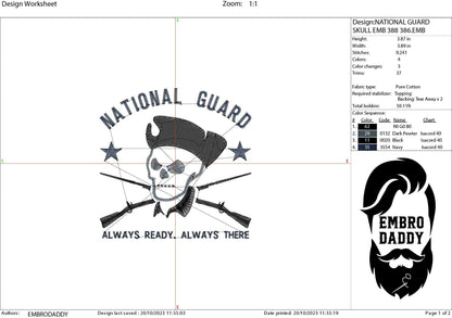 Machine Embroidery files, National Guard, always ready, always there, DST, PES, xxx hus & more,