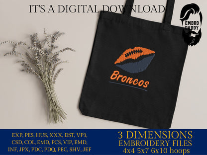 Machine Embroidery, lips Broncos embroidery design, football gift idea PES, xxx, hus & more, fan embroidery files