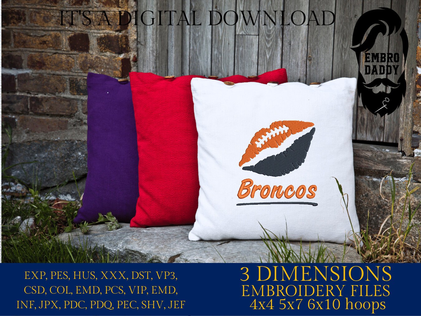 Machine Embroidery, lips Broncos embroidery design, football gift idea PES, xxx, hus & more, fan embroidery files