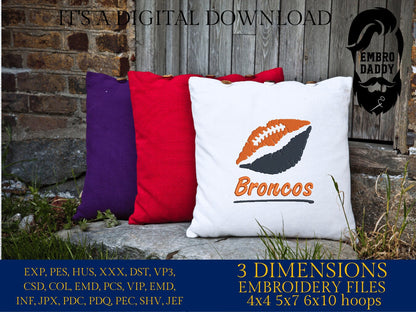 Machine Embroidery, lips Broncos embroidery design, football gift idea PES, xxx, hus & more, fan embroidery files