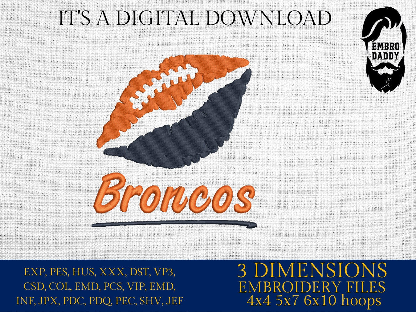 Machine Embroidery, lips Broncos embroidery design, football gift idea PES, xxx, hus & more, fan embroidery files