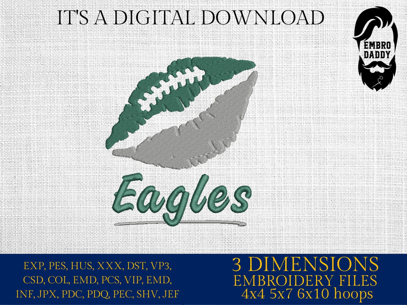 Machine Embroidery, lips Eagles embroidery design, football gift idea PES, xxx, hus & more, fan embroidery files