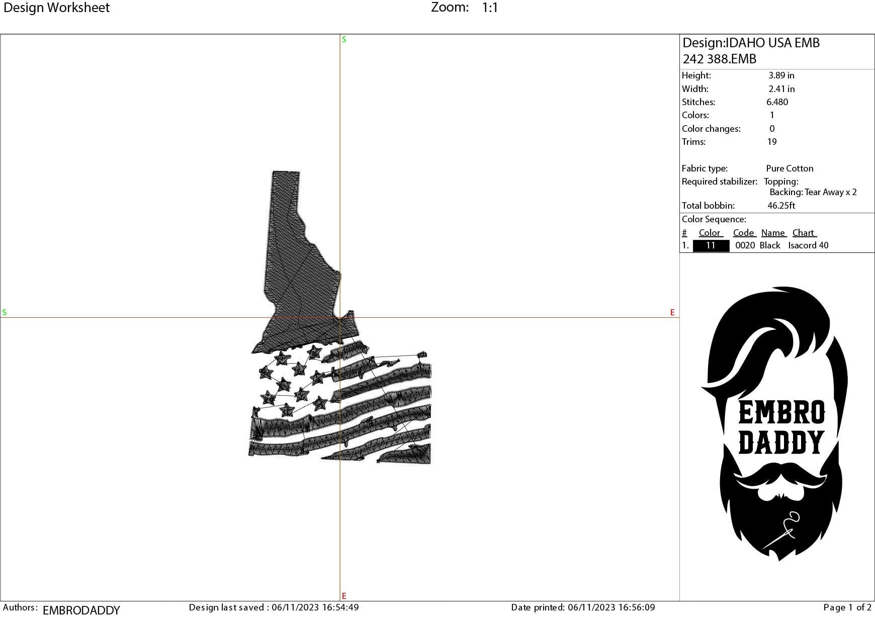 Machine Embroidery files, State of Idaho, USA flag, dst, PES, xxx, hus & more