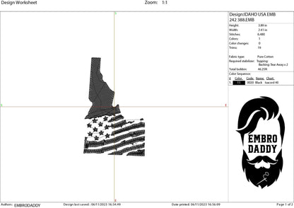 Machine Embroidery files, State of Idaho, USA flag, dst, PES, xxx, hus & more