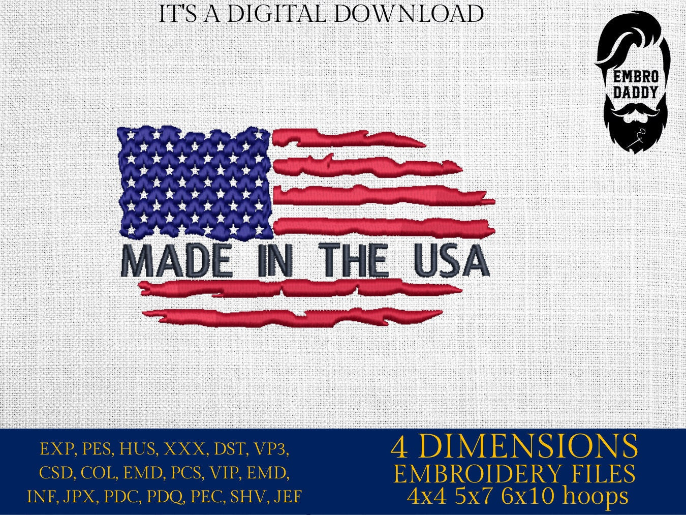 Machine Embroidery files, Made in the USA, Usa Flag, PES, DST, xxx, hus & more