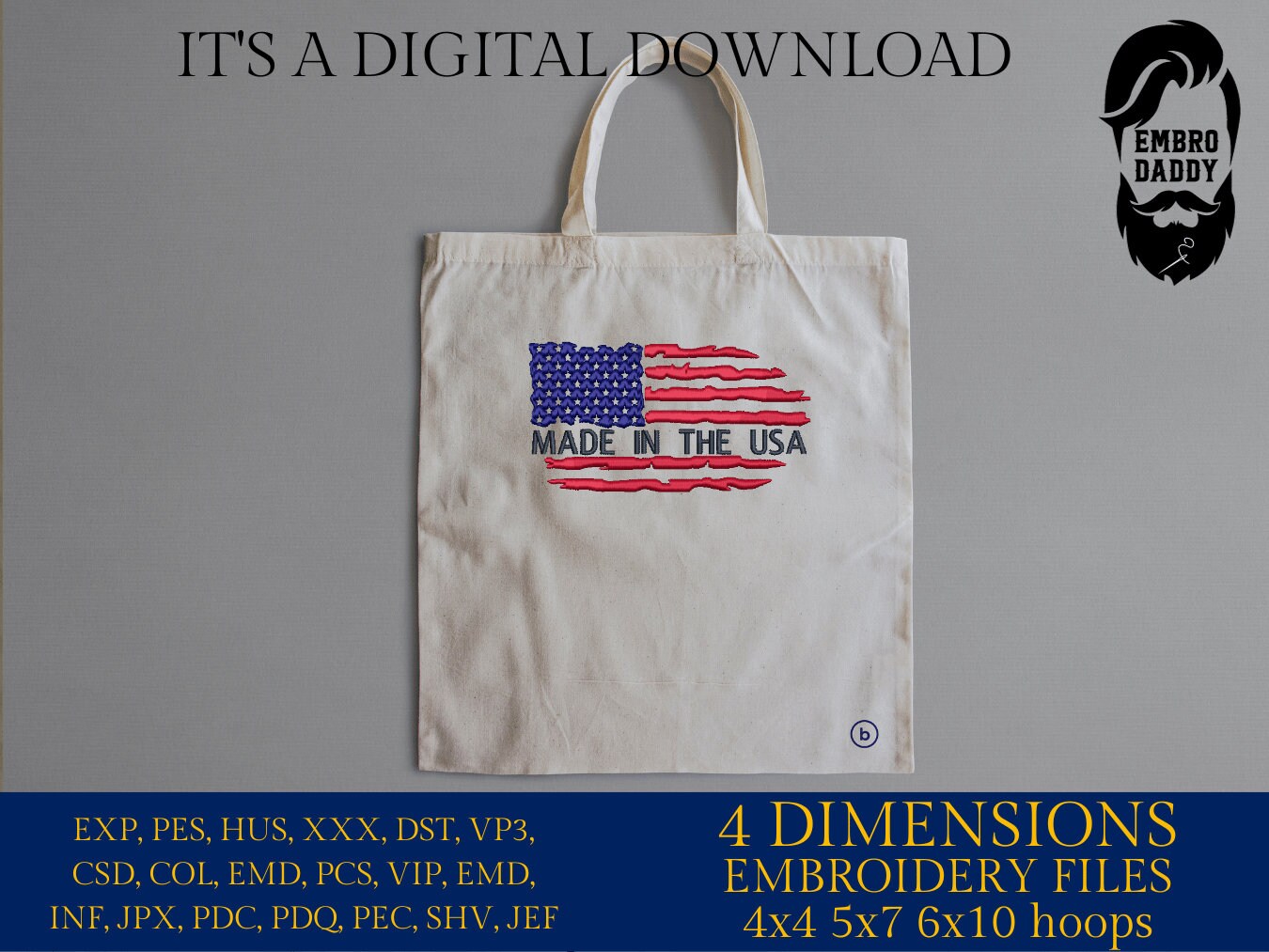 Machine Embroidery files, Made in the USA, Usa Flag, PES, DST, xxx, hus & more