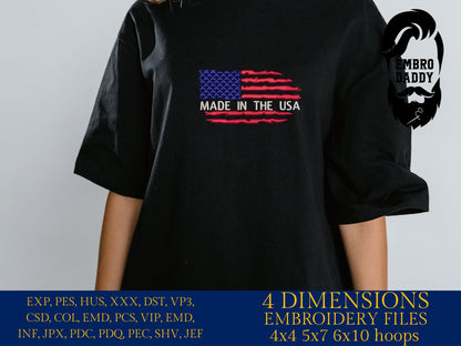 Machine Embroidery files, Made in the USA, Usa Flag, PES, DST, xxx, hus & more