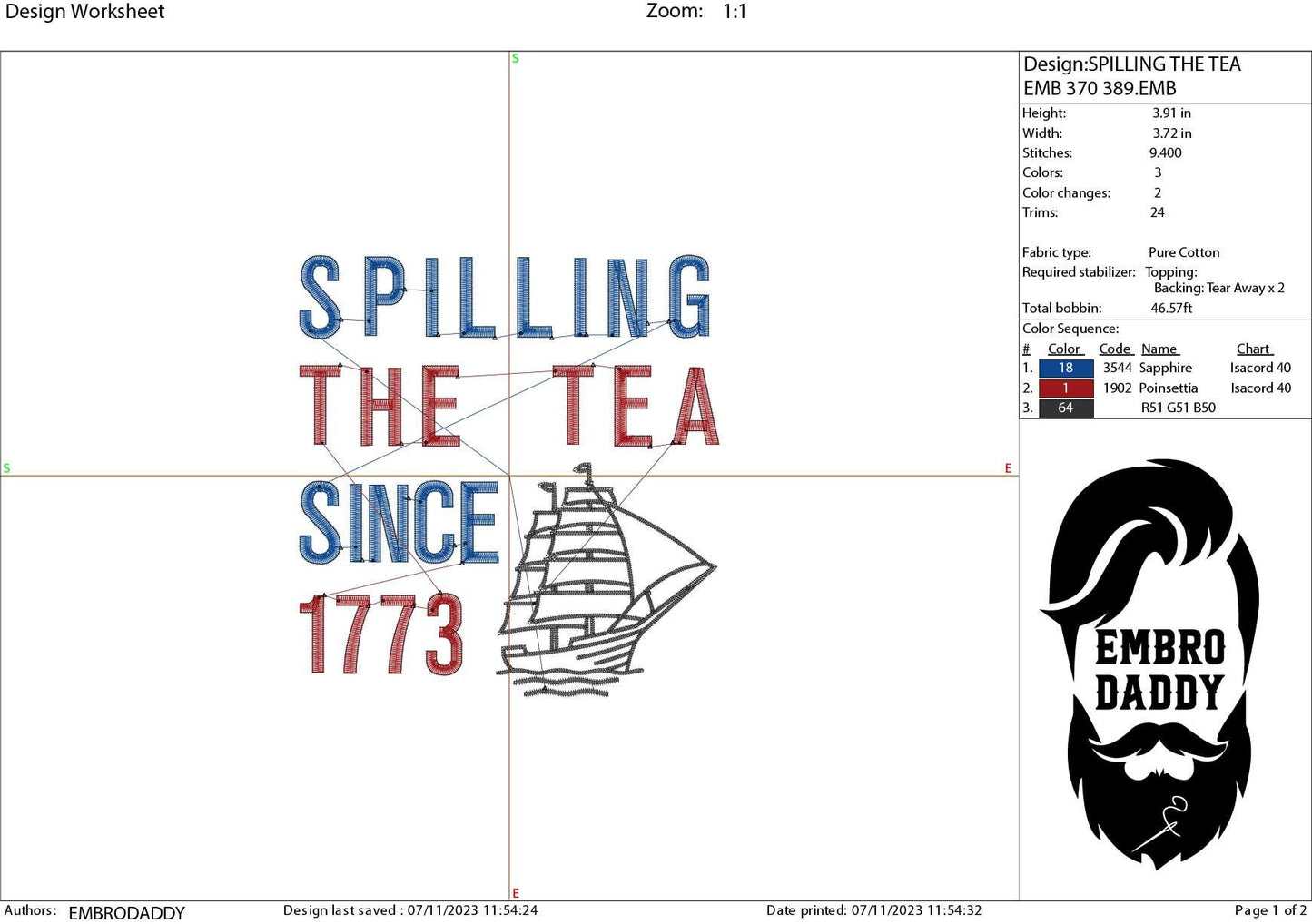 Machine Embroidery files, spilling the tea since 1773, DST, PES, xxx hus & more,