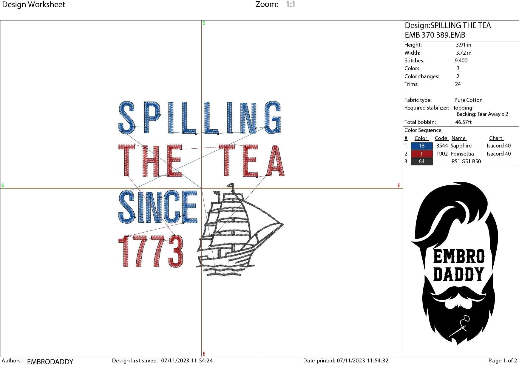 Machine Embroidery files, spilling the tea since 1773, DST, PES, xxx hus & more,