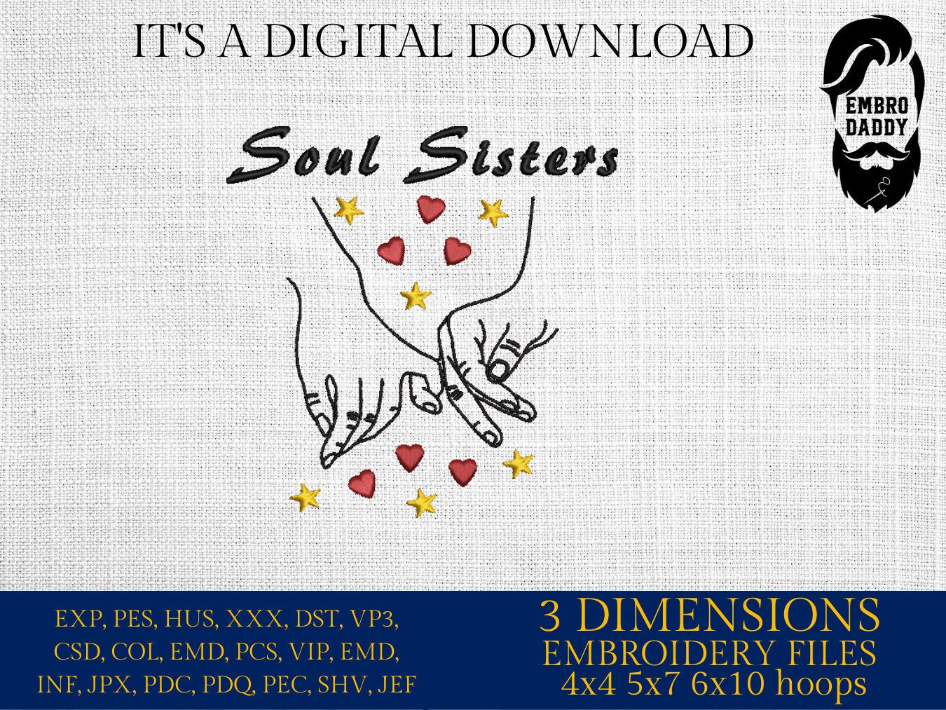 Machine embroidery files, Soul Sisters, PES, DST, hus & more