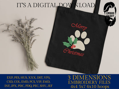 Machine Embroidery files, Merry Christmas Paw Print, PES, DST, xxx, hus and more